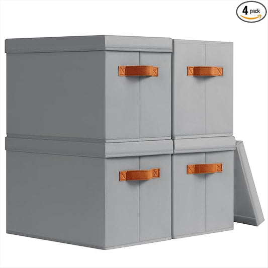 Homsorout Storage Bins with Lids - Fabric Storage Baskets for Shelves, 4 Pack Foldable Decorative Boxes with Handles, Stackable Organizer Bins for Home, Nursery, Dorm, Grey