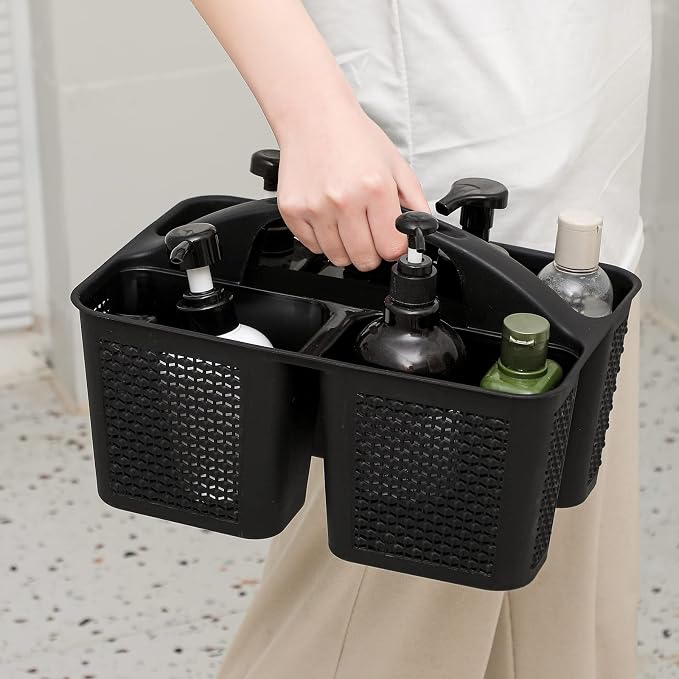 Plastic Portable Shower Caddy Basket with Handle, 3 Compartments, Black | Storage Organizer with Drain Holes, Sturdy and Durable For Bathroom, Kitchen, College Dorm, Sink, Camping