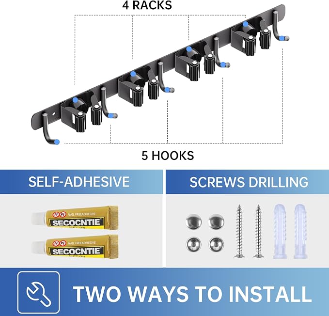 ZONGOOL 2 Pack Mop Broom Holder Wall Mount 4 Racks 5 Hooks Storage Black | 304 Rustproof Stainless Steel Broom Hanger, Non-Slip Wall Mount Organizer, Space Saving For Kitchen, Laundry, Garden