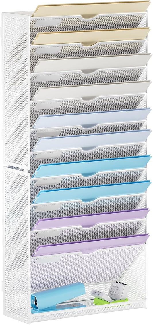 Marbrasse Wall File Holder 11-Tier Hanging Wall File Organizer, for Papers, Files Clipboard & Magazine Organizer, Wall Mount File Holder Great for Office Home (White)