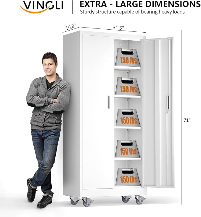VINGLI Rolling Metal Storage Cabinet with Adjustable Shelves, 71'' Tall Garage Storage Cabinet with Wheels, Locking Tool Cabinets for Home Office Garage Gym School (White)