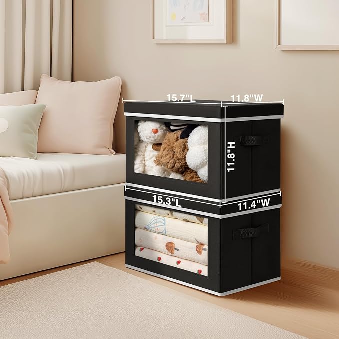 Large Storage Baskets Bins with Lids - Stackable Cube Bins for Closet, 3 Pack Black Windows Organizer Bins, Home Organizers and Storage for Clothes, CD, Towels