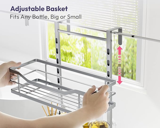 SWTYMIKI Over the Door Shower Caddy - 5 Tier Adjustable Shower Organizer Hanging with Soap Holder, No Drilling Stainless Steel Bathroom Rack Hanging for Body Wash, Shampoo, Soap, Razor, Silver