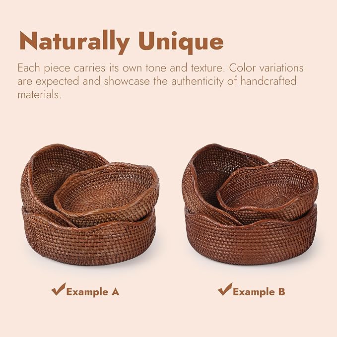 YANGQIHOME Rattan Bread Basket, Round Fruit Baskets, Wicker Storage Bowls, Natural Woven Serving Basket Bowls, Decorative Baskets for Kitchen Counter Organizing (Brown S/M/L)