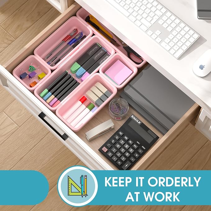 6 PCS Drawer Organizer Set, 3 Size Makeup Drawer Divider Organizer With Non-Slip Pads, Interlocking Plastic Storage Bins for Office,Jewelry Vanity,Gadgets, Bathroom,Kitchen, Pink