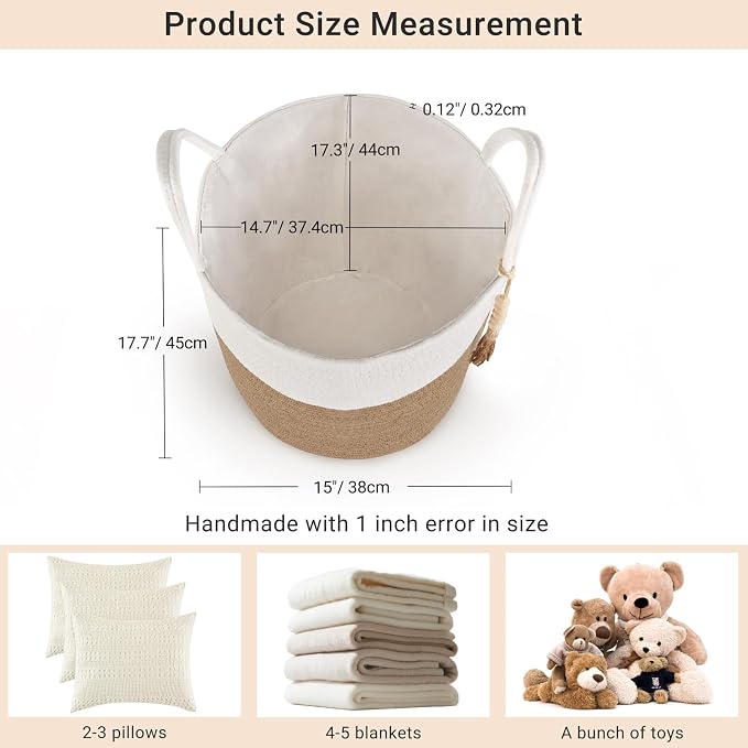 Mkono Woven Storage Basket Decorative Rope Basket Wooden Bead Decoration for Blankets,Toys,Clothes,Shoes,Plant Organizer Bin with Handles Living Room Home Decor, 15"Wx17.7"L,White and Yellow | Cream White and Brown, Decorative Basket with Handle, Wood ...