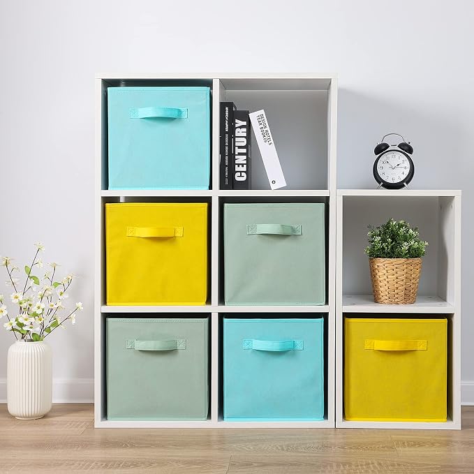 Stero 13x13x13 Inch Fabric Storage Bins 6 Pack Fun Colored Storage Cubes with Handles Foldable Cube Baskets for Home, Kids, Closet and Toys Organizer, Cyan, Green, Yellow