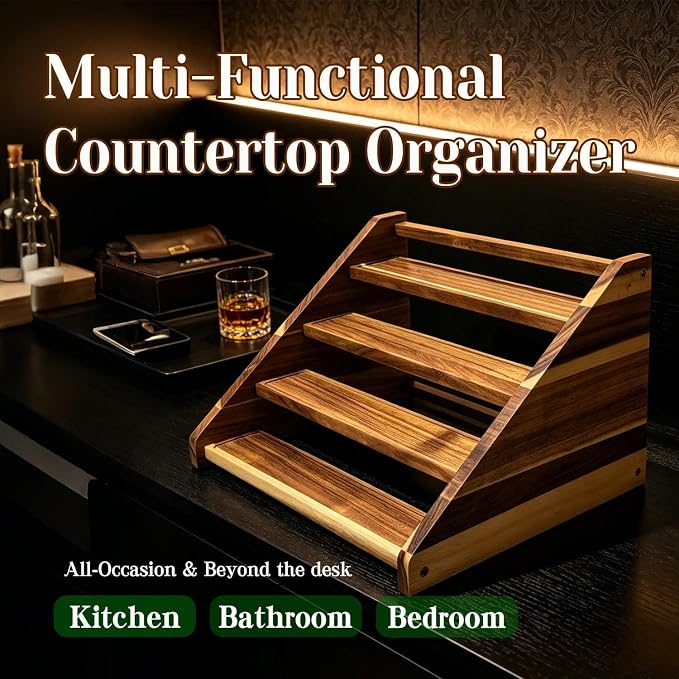 Acacia Wood 4 Tier Slanted Cologne Stand for Men, Wooden Fragrance Display Rack for Dresser Counter Bathroom Vanity