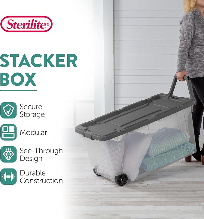 Sterilite 4-Pack Modular Stacker Box, Durable Clear Plastic Storage Bins with Latching Lids, 160 Quart - Stackable Organizing Container Boxes for Closet, Bathroom, and Office