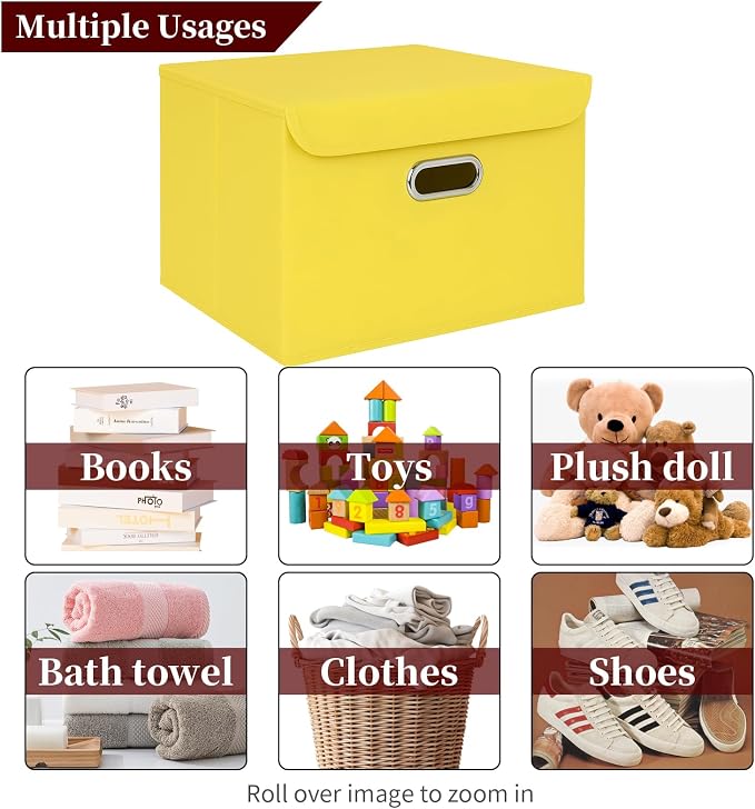 STOREONE Fabric Storage Cube Bins Foldable Organizer Container Collapsible Basket with Lids and Metal Handles, for Home, Bedroom, Closet 3 Pcs (multicolour-yellow)