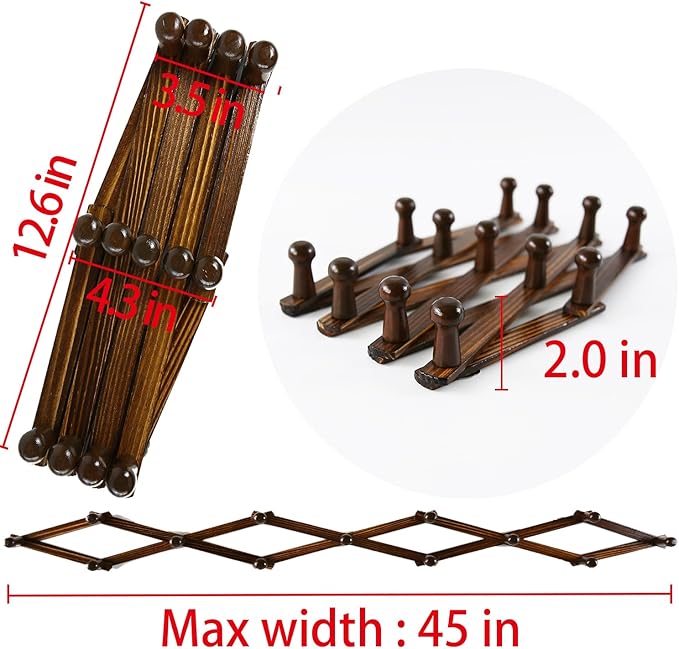 AMAPON Accordion Wall Hanger Expandable Coat Hat Rack 13Peg (Walnut) 2 Pack | Hang Hats Jackets Coffee Mug Purses Necklaces Towels Cap Leash Scarves Data Line Kitchenware