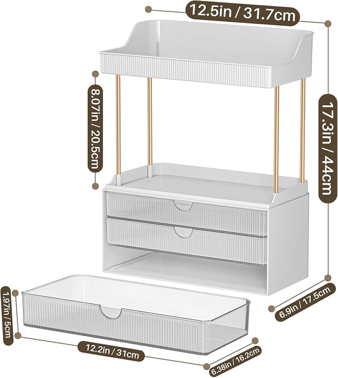 caktraie 2 Sets 5 Tier Acrylic Makeup & Bathroom Vanity Organizer | 2 Set Clear, 3 drawers 2 open shelves, dustproof, wipe clean, for large skincare, perfumes, lipsticks, dresser, counter