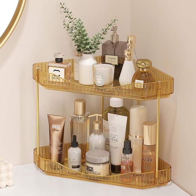 Lifewit 2 Tier Corner Bathroom Counter Organizers and Storage, Golden | Plastic Makeup Skincare Organizers Countertop, Large Sink Cosmetic Perfume Shelf for Bedroom, Dresser, Kitchen, Vanity