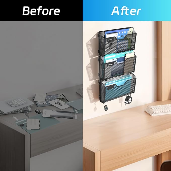 SUPEASY 6-Pack Wall File Holder and Wall File Organizer with Hooks, Black | Wall File Organizer and Wall Organizer with 6 Letter-Size Pockets, Label Panels and Hooks for Offices Homes and Classrooms