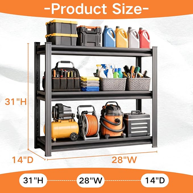 Garage Shelving, Heavy Duty Storage Shelves, Adjustable Boltless Units | Metal Shelving with Double Layer Posts, Industrial Steel Shelving for Garage Basement Warehouse Kitchen, Black, 31H*28W*14D