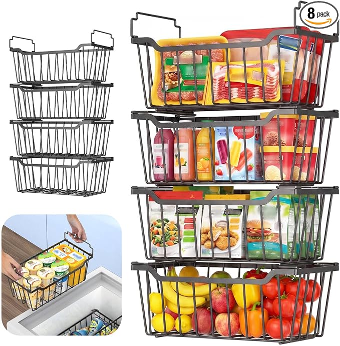 Goovilla Freezer Organizer Bins for 5-7 Cu.FT Chest Freezer, 8 Pack Black | Foldable Handle Stackable Freezer Baskets, Coated Metal Freezer Storage Bins with Better Space Utilization, Deep Organization