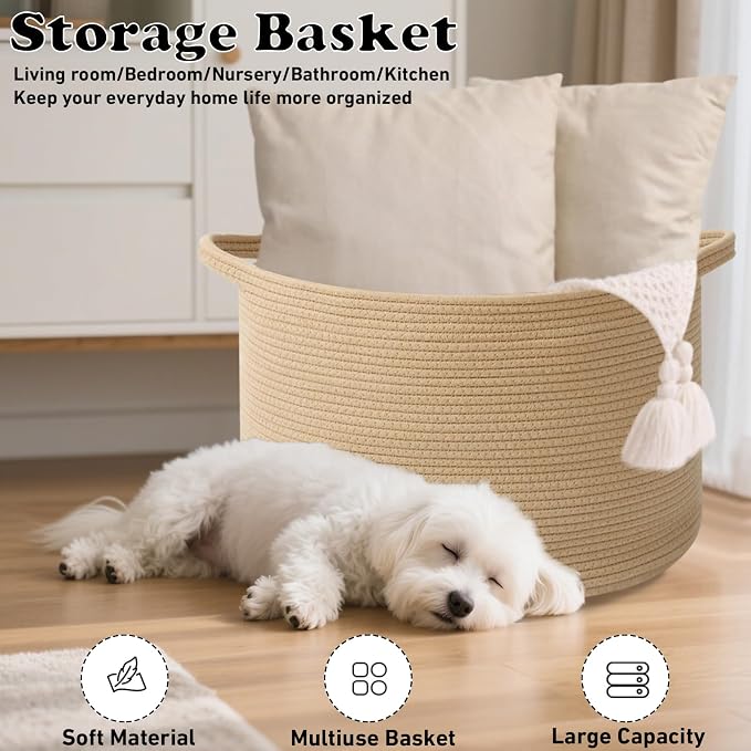 90L Extra Large Blanket Basket,Woven Rope Laundry Basket-Camel | Collapsible, reinforced handles, nursery storage bin organizes clothes, toys and pillows for living room, bedroom bathroom