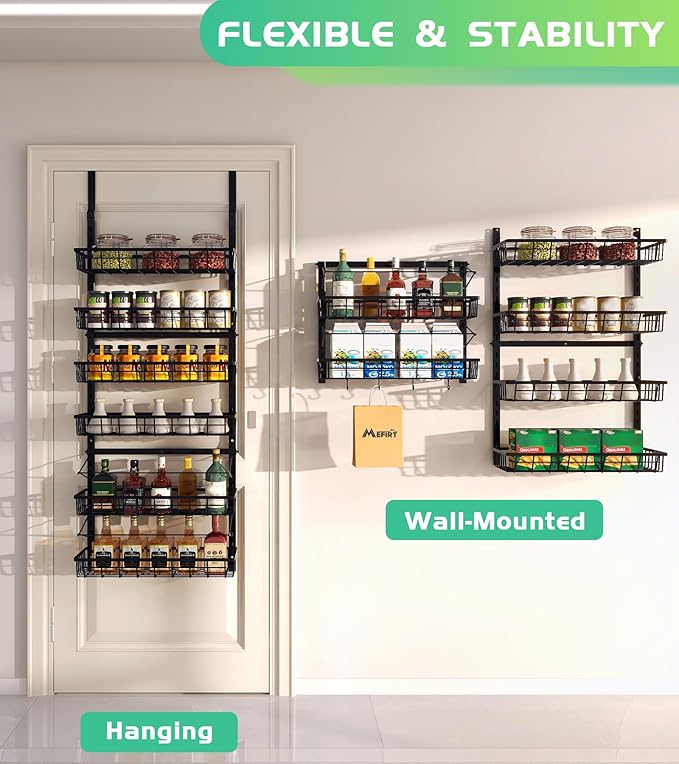 Mefirt Over The Door Pantry Organizer, Pantry Storage and Organization | 6-Tier Adjustable Hanging Baskets, Metal Wall Mount Spice Rack Seasoning Shelves for Home & Kitchen, Laundry Bathroom - Black