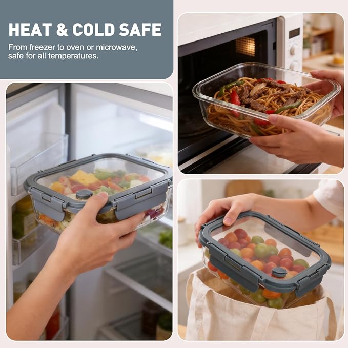 Liuruiyu 10 Pack Glass Food Storage Containers with Glass Lids, Airtight Meal Prep Containers, Leak-Proof Bento Boxes for Microwave, Oven, Freezer & Dishwasher, BPA-Free