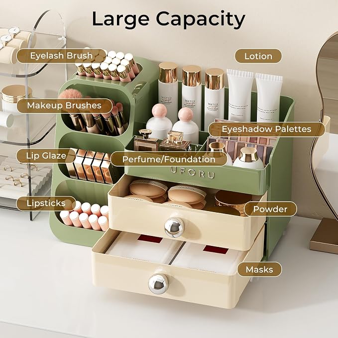 UFORU Makeup Organizer Countertop with Brush Holder for Vanity Bathroom | Large Capacity, Thickened Plastic, Compact Size, 2 Big Drawers, Detachable Brush Holder, Divided Compartments, Easy Access