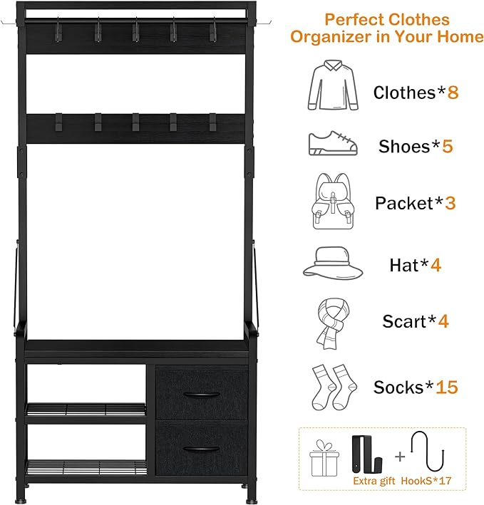 Hall Tree with Bench and Shoe Storage, 31.5” Coat Rack Freestanding | Black, 5 in 1 Intelligent Design, 17 Hooks, 2 Drawers, Handy Clothes Rail