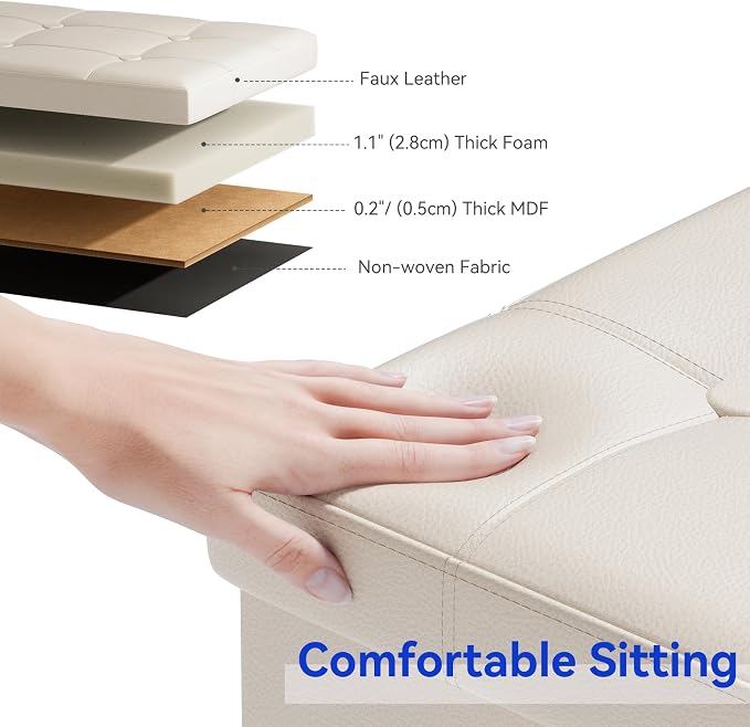 BRIAN & DANY 30 Inches Storage Ottoman Bench, Faux Leather Ottoman with Storage, Folding Bench Shoe, Foot Rest Stool, for Living Room, Beige