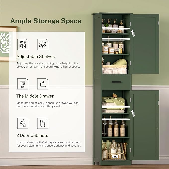 TEENFON Tall Bathroom Cabinet, Storage Cabinet with 6 Shelves & Drawer, Bathroom Storage Cabinet with Adjustable Shelves, Tall Cabinet for Living Room, Home Office, Green