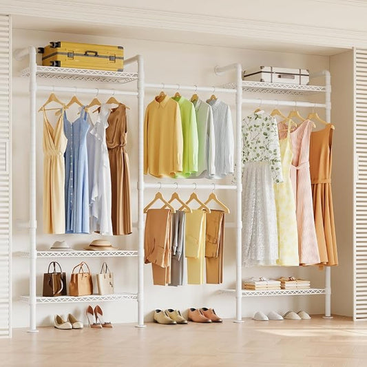 Higeego W3 Wall Mounted Clothes Rack, Industrial Pipe Clothing Rack, White | Wall Mounted Closet Organizer, Expandable Hanger Rods, Adjustable Closet Shelving, Heavy Duty Closet Rack