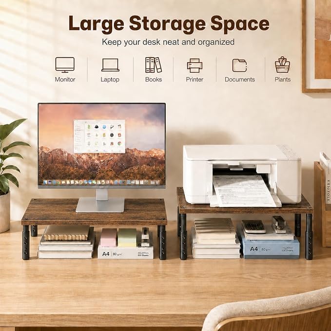 Adjustable Monitor Stand Riser for Desk, Computer & Laptop Stand, Desk Organizers and Accessories, Office Desk Accessories & Workspace Organizer for Home Office, Brown Wood