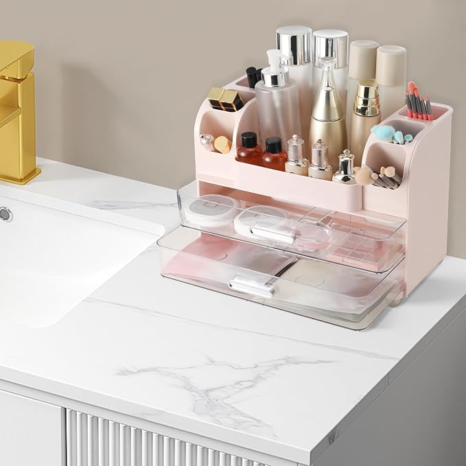 Large Makeup Organizer Countertop with Drawers, Make Up Organizer for Vanity, Makeup Storage Organizer Countertop Makeup Organizers for Skincare, Pink
