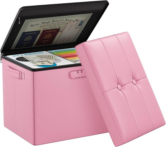 DocSafe Storage Ottoman Foot Rest Stool with Lock ＆ Handles, Fireproof Folding Leather Footstool Bench with Storage Safe for Living Room Bedroom, Home Office, Dorm, 17x13x13in, Pink