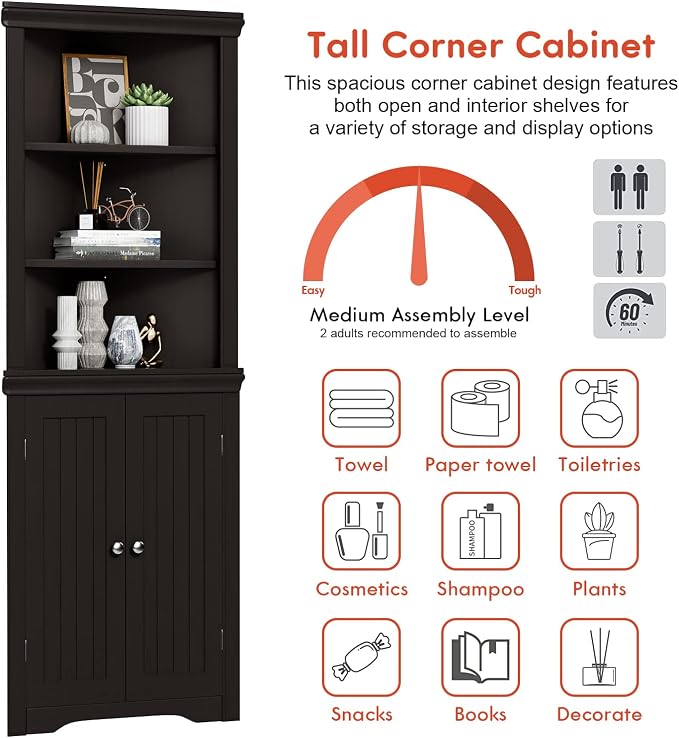 YESHOMY Corner Cabinet, Storage Cupboard with Doors, Brown | Tall Storage Cabinet with Adjustable Shelves, for Living Room, Bathroom, Kitchen