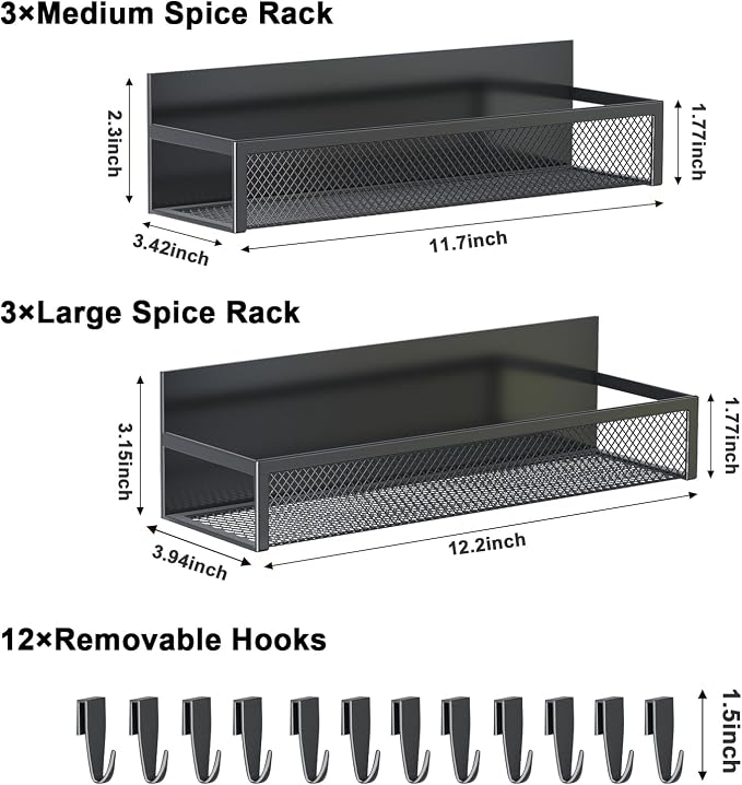 Aufworld Magnetic Spice Rack for Refrigerator, 6 Pack Magnetic Shelf, Fridge Magnet Organizer with Moveable 12 Hooks, Magnetic Fridge Shelf for Kitchen Organization and Storage (6 Pack)