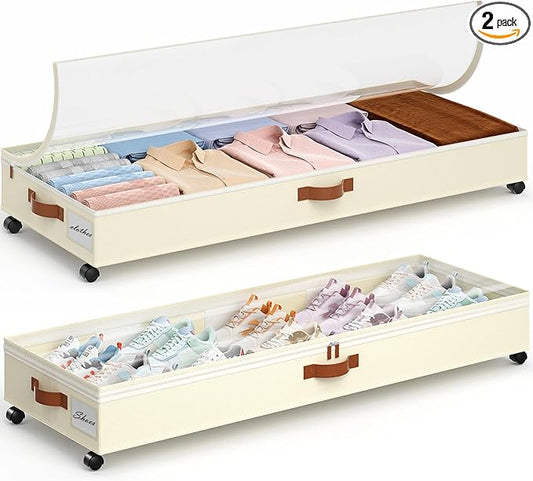 Yecaye 85 L Under Bed Storage with Wheels, 2 Pack Under Bed Storage Containers with Adjustable Dividers & Lids, Large Rolling Underbed Organizer Bins Drawers for Clothes, Shoes, Blankets Toys, Beige