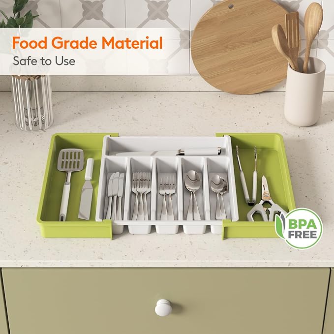 Lifewit Extra Large Silverware Drawer Organizer, Expandable Utensil Tray for Kitchen, BPA Free Flatware Cutlery Holder, Adjustable Plastic Storage for Spoons Forks Knives, 13-22 x 15, Green&White