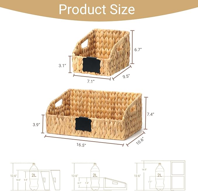 Pantry Baskets and Organizers, Large Wicker Baskets for Shelves, Handwoven Labeled Storage Basket for Organizing with Handles-Water Hyacinth Storage Bins, Boho Decorative, 3Pack, Natural