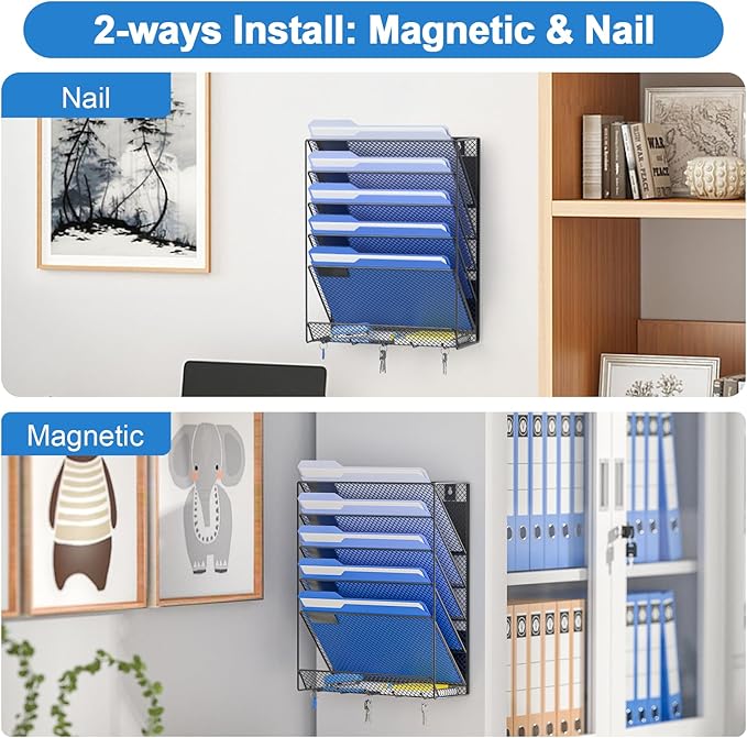 OUTWOLF Magnetic File Holder, 6-Tier Magnetic Wall Hanging File Organizer, Paper Folder Mail Organizer for Office, File Cabinets, Whiteboard, Fridge