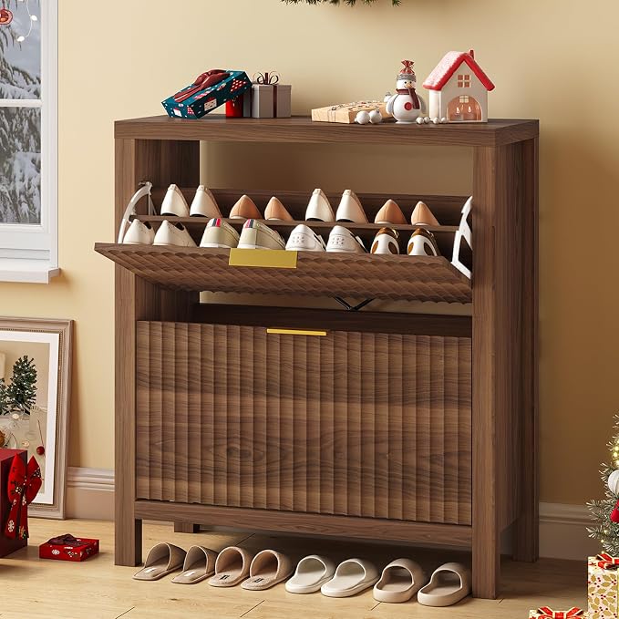 Fluted Shoe Cabinet Storage with 2 Flip Drawers for Entryway, Hallway | Narrow Shoe Rack Freestanding Shoe Organizer with Legs for Entryway，Hallway, Walnut