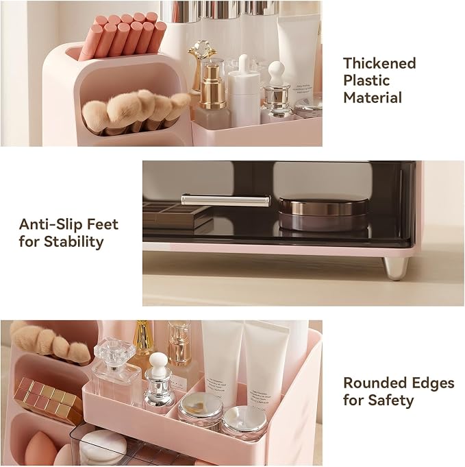 Makeup Organizer for Vanity with Brush Holder and 2 Drawers, Pink | Large-Capacity Makeup Holder Organizes Skincare, Cosmetics and Daily Beauty Products for Tidy Vanity and Bathroom Counters