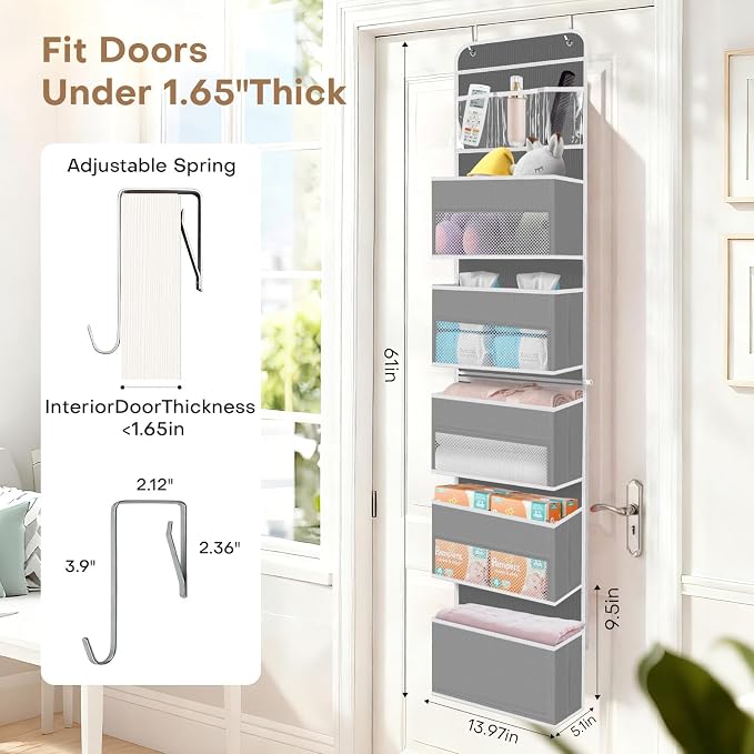 Over the Door Organizer, Large Pocket Hanging Storage with 40lb Capacity | Space Saving Door Storage for Nursery, Bathroom, Bedroom and Closet, Baby Essentials and Toiletry Organizer, Grey