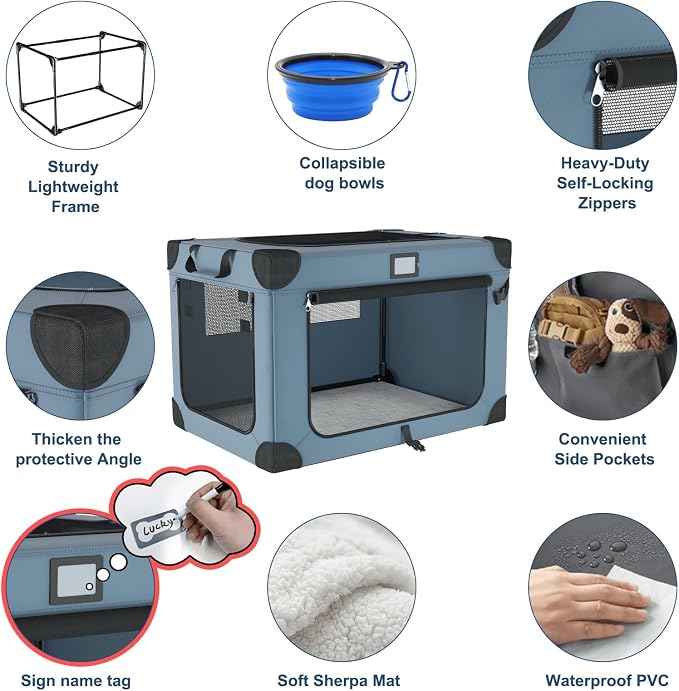 36 Inch Portable Travel Dog Crate Blue with Chew-Proof Mesh Window | Sturdy Frame,Soft Blanket and Foldable Bowl,Waterproof and Easy to Clean,for Camping,Signature card，Storage Bag，Mesh Windows