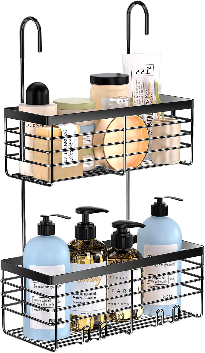 YUOROS 2 Tier Hanging Shower Caddy (Black) | Over the Door Shower Organizer Rack Organizer Stainless Steel Rustproof