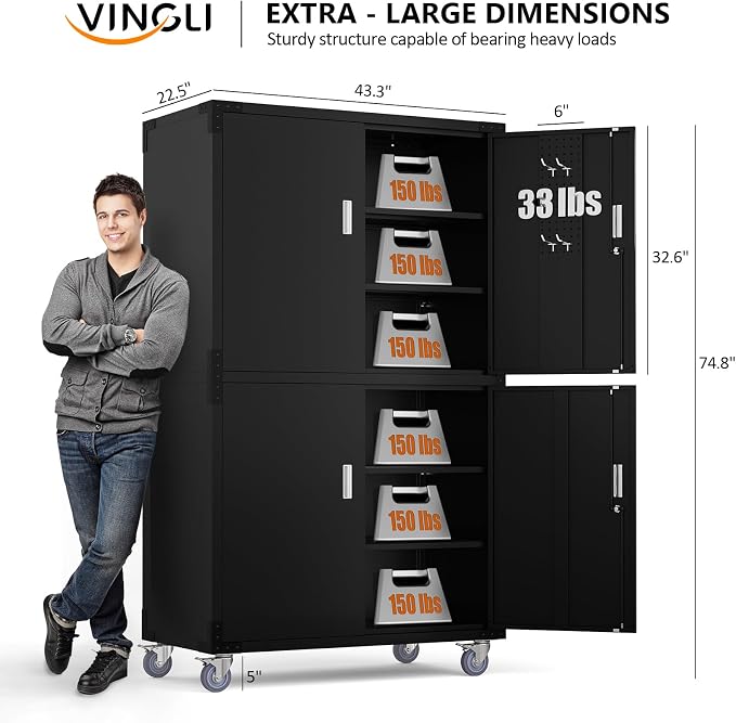 VINGLI Large Garage Storage Cabinet with 4 Doors, Upgraded Height & Wide & Deep, 43''W x 23''D x 75''H, Oversized Metal Storage Cabinet with Pegboards Wheels Locks and Adjustable Shelves (Black)