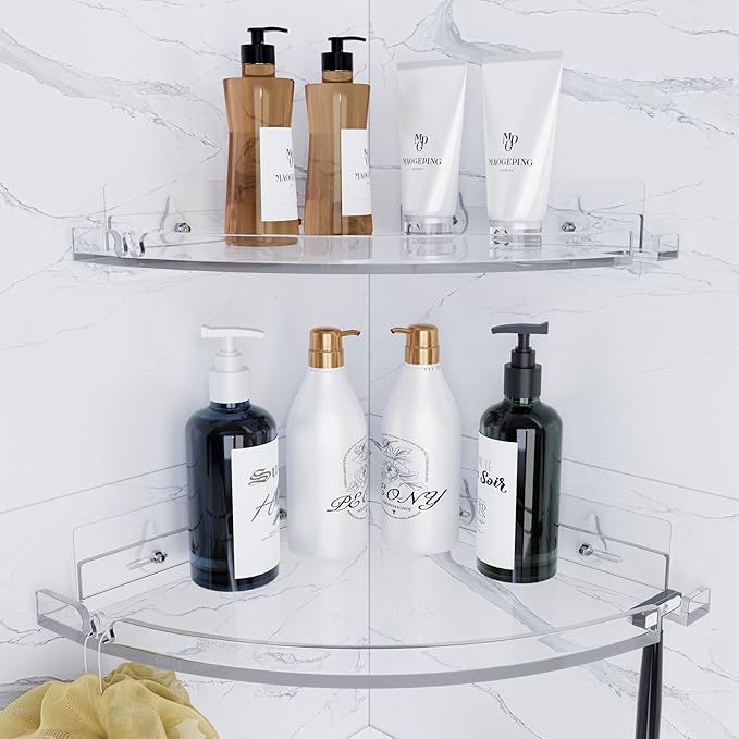 Acrylic Corner Shower Shelves, Adhesive Shower Caddy Organizer for Bathroom Storage Home Decor, Clear Rustproof No Drilling Wall Shelf, 2-Pack
