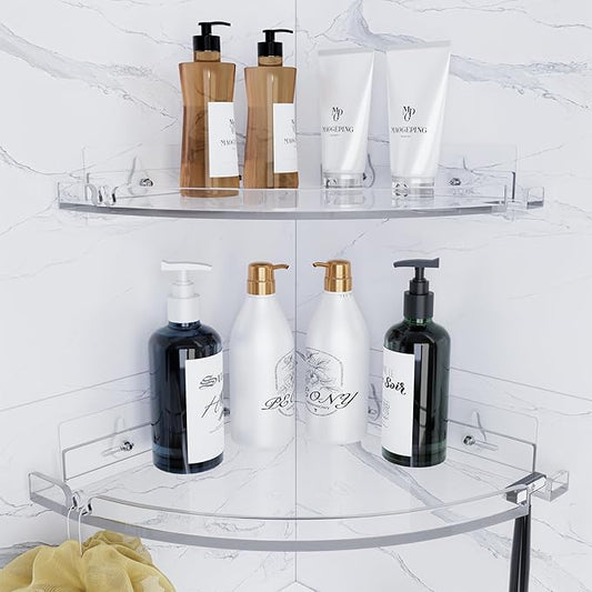 Acrylic Corner Shower Shelves, Adhesive Shower Caddy Organizer for Bathroom Storage Home Decor, Clear Rustproof No Drilling Wall Shelf, 2-Pack