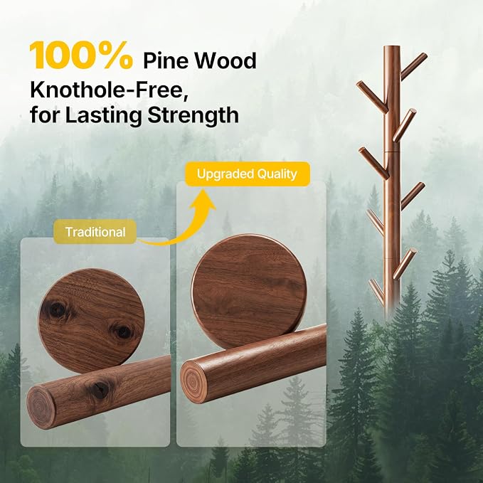 AMADA Solid Wooden Coat Rack Freestanding with 8 Hooks, Walnut | 100% solid wood, 3 height options, widened base for stability, tool-free assembly, smooth rods & hooks prevent clothing snags