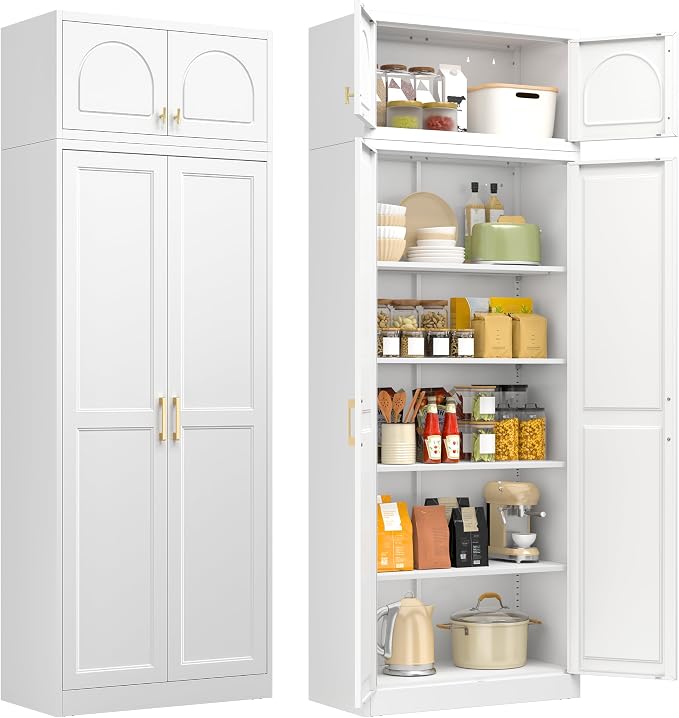 86" Tall Metal Kitchen Pantry Storage Cabinet with Doors | Extra Large Heavy Duty Steel Cabinet, 4 Adjustable Shelves, Easy-Access Gold Handles, White, 2 Packages, Home Office Pantry