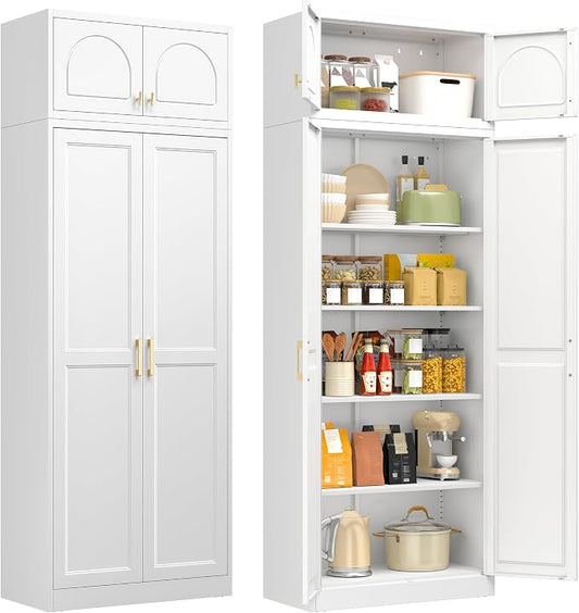 86" Tall Metal Kitchen Pantry Storage Cabinet with Doors | Extra Large Heavy Duty Steel Cabinet, 4 Adjustable Shelves, Easy-Access Gold Handles, White, 2 Packages, Home Office Pantry