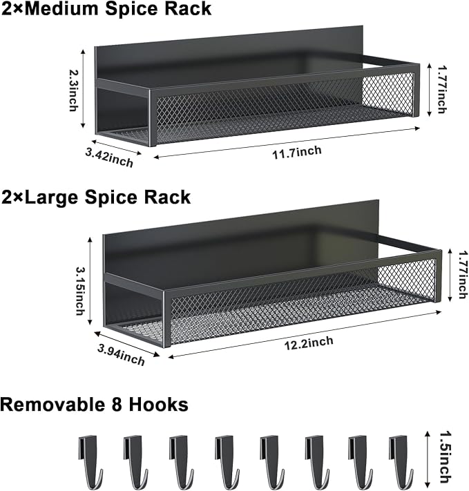 Aufworld Magnetic Spice Rack for Refrigerator, 4 Pack Magnetic Shelf, Fridge Magnet Organizer with Moveable 8 Hooks, Magnetic Fridge Shelf for Kitchen Organization and Storage (4 Pack)
