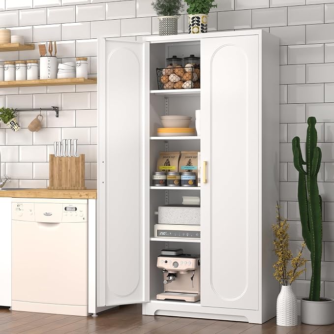 Polup 71" White Metal Kitchen Pantry Storage Cabinet with Doors and Shelves | Freestanding Cupboard, Cold-Rolled Steel, 5-Tier Heavy Duty, Adjustable Shelving, Gold Handles, for Garage Office & Laundry